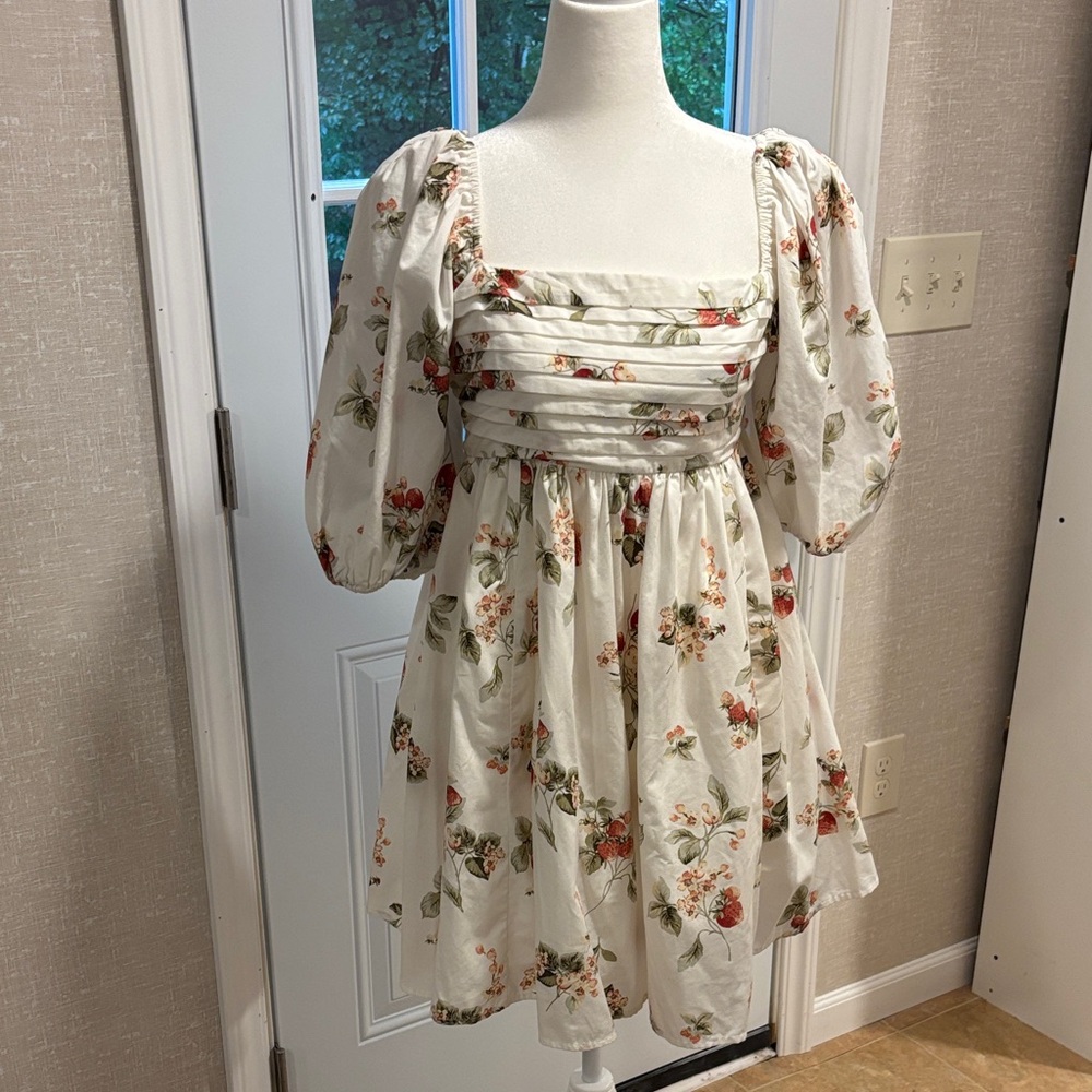 Abercrombie & Fitch Cream Mini Dress with Red Floral and Green Leaves